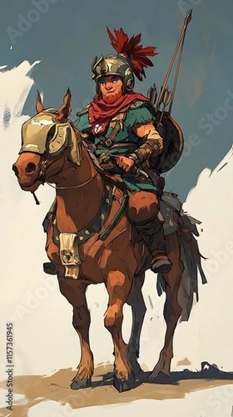 Fototapeta A mounted warrior in armor, poised with a bow, embodies strength and readiness for battle.