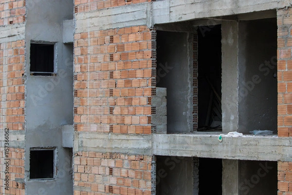Fototapeta Detail of the construction of a multifamily building in a reinforced concrete structure filled with hollow masonry bricks, showing the door and window openings and sections of the cement mass covering