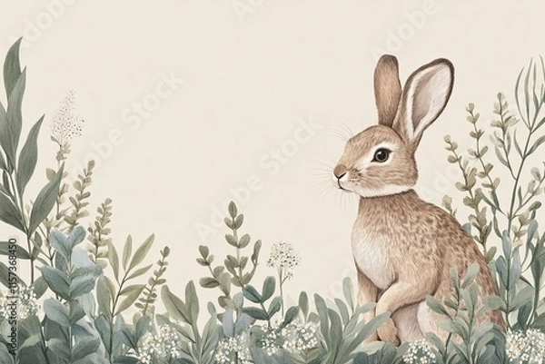 Fototapeta A Gentle Brown Rabbit Amidst Blooming Springtime Flora