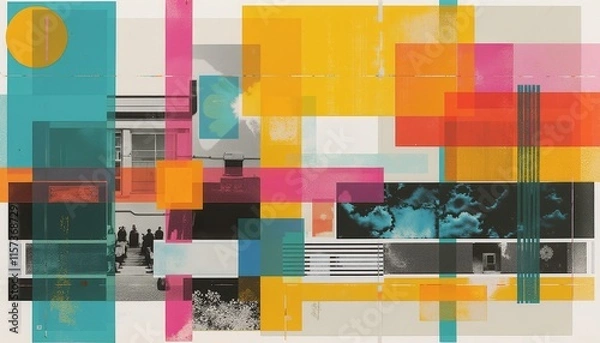 Obraz Grunge print style collage poster, Abstract grunge backdrop, Retro futuristic graphic design style.