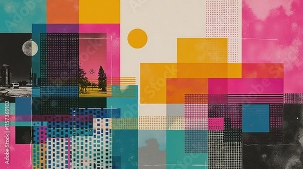Obraz Grunge print style collage poster, Abstract grunge backdrop, Retro futuristic graphic design style.