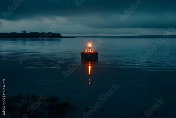 Fototapeta Calm lake at night with a floating candle displaying '2023' reflecting on the water.
