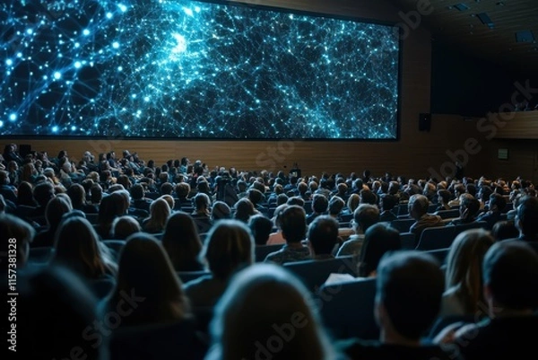 Fototapeta Popular science lecture engages large audience with dynamic visual presentation