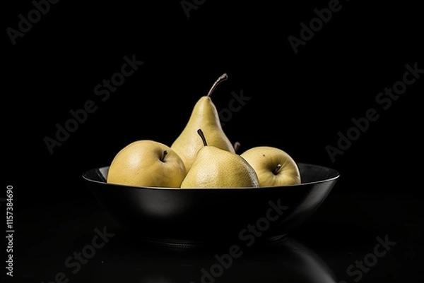 Fototapeta Vibrant round bowl filled with stylized apples, pears, and lemons against a dark background