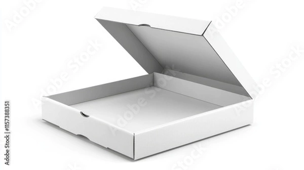 Fototapeta Empty White Pizza Box Opened Isolated on Clean White Background for Delivery or Takeout Design Concept