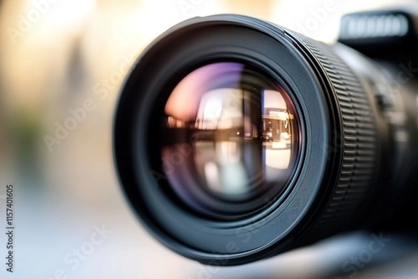 Fototapeta close-up of professional camera lens reflecting soft light with blurred neutral studio backdrop