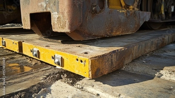 Fototapeta Inserts used as deterrents at the base of heavy machinery on a construction site for enhanced stability and safety