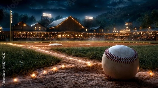 Obraz Night Baseball Field Rustic Barn Lights Baseball Game