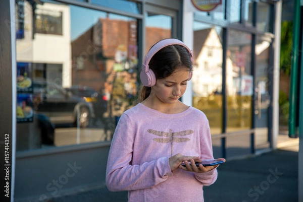 Fototapeta A young girl in a pink sweater enjoys music with headphones while standing outside a shop, focused on her phone and the vibrant street backdrop.