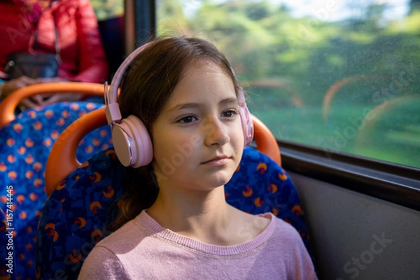 Fototapeta A girl with headphones sits quietly on a bus, immersed in her music while the lush green scenery passes by outside the window. The atmosphere is serene.