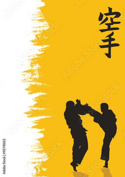 Fototapeta Hieroglyph of karate and men demonstrating karate.