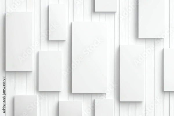 Fototapeta Abstract white rectangular frames arranged on white wood panel background. Minimalist design concept for modern decor, adding a stylish and clean aesthetic to any setting.
