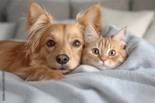 Fototapeta Cozy day captured with a fluffy dog and curious cat snuggling together on a soft blanket. Perfectly captures the essence of companionship and warmth.