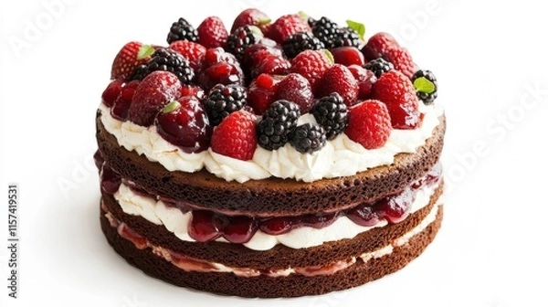 Fototapeta Layered Chocolate Sponge Cake with Fruit Compote
