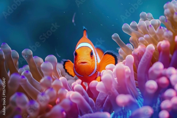 Fototapeta Close-up underwater photography of a vivid clownfish nestled in anemones with soft natural light illuminating the scene
