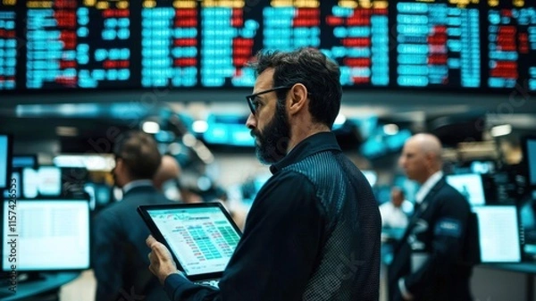 Fototapeta A focused man analyzing market data on a tablet in a busy trading environment.