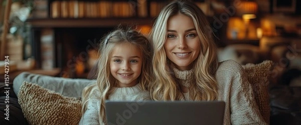 Fototapeta Happy Mother and Daughter Using Laptop Together at Home