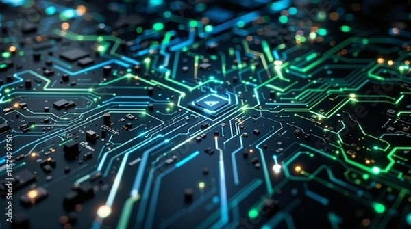 Fototapeta Futuristic circuit board background with glowing blue and green lines for tech branding, modern posters, gaming visuals, and digital innovation designs