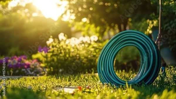 Fototapeta Green garden hose with a spout on the grass in front of a flower bed, with sunlight and a bokeh background. 