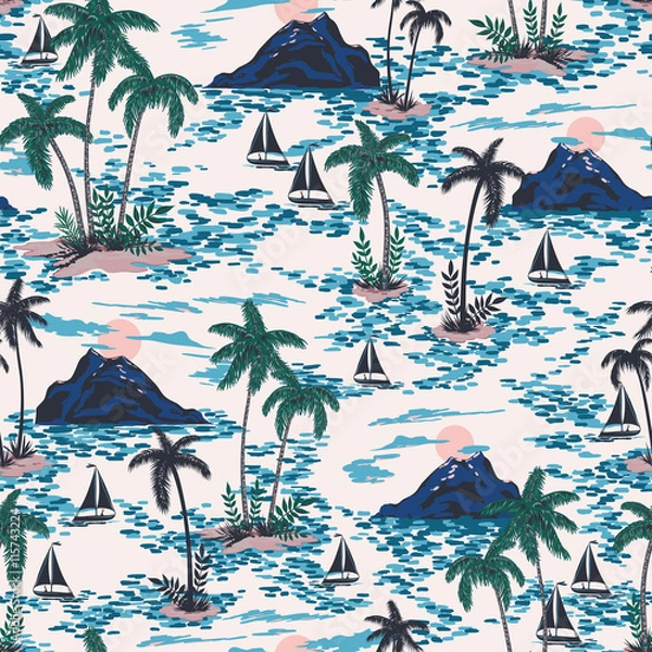Fototapeta vector seamless retro style hawaii pattern with mountains, sunset, palm trees, boats. colorful bright artistic tropic fantasy background allover print