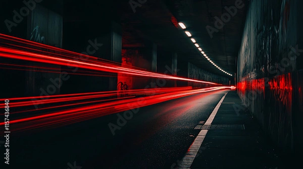 Fototapeta Dynamic light trails in an urban tunnel at night