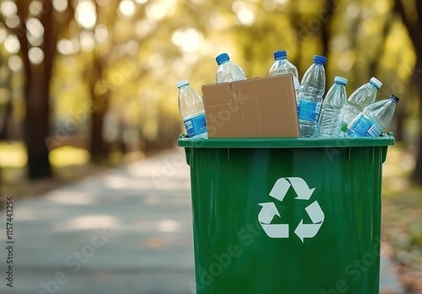 Fototapeta  Green recycling bin with cardboard and plastic bottles on a blurred background of a park in daylight