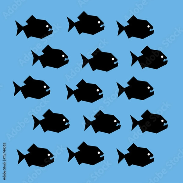 Fototapeta Vector stylized graphic illustration of a shoal of piranha fish. Black silhouettes of scary creatures with big teeth and white eyes. Square format, blue background.