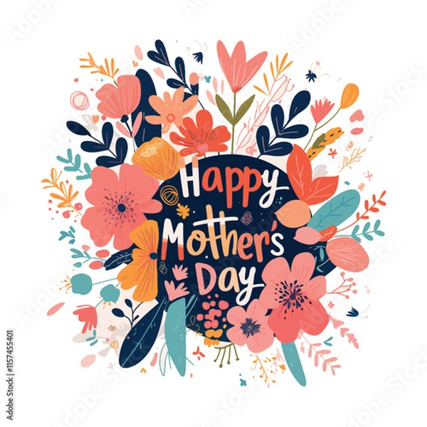 Fototapeta A colorful flowery background with a pink circle in the middle that says Happy Mother's Day. The circle is surrounded by a variety of flowers and leaves