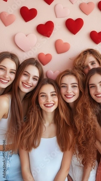 Fototapeta A cheerful group of young women is happily posing together for a fun picture right in front of a vibrant wall decorated with hearts on it. Sending virtual Valentine’s cards