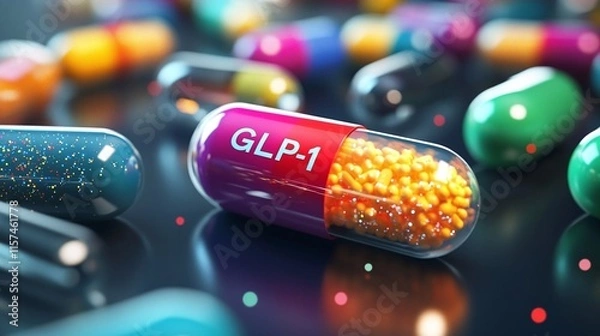 Fototapeta Close-up of colorful GLP-1 capsules, showcasing detailed medicine design with cinematic lighting. Ideal for pharmacy, health, medication, and prescription themes.