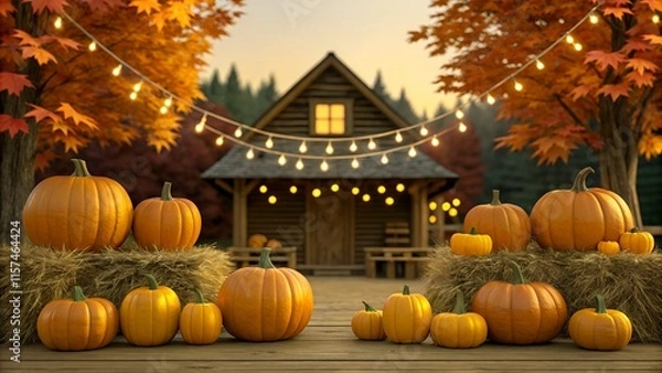 Fototapeta Rustic Autumn Pumpkin Display with Warm Lighting