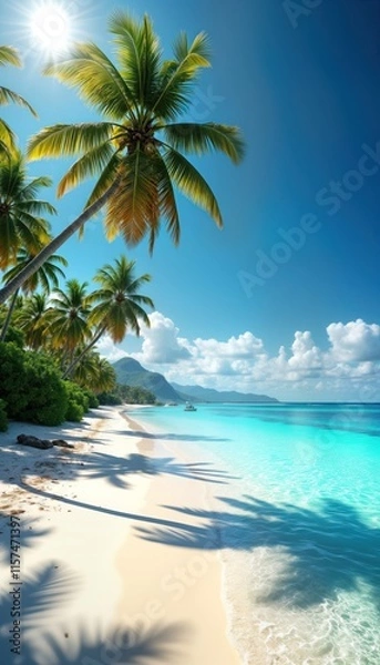 Obraz Tropical paradise beach scene. Tall palm trees line pristine white sand shore. Crystal clear blue ocean water gently waves on sandy shoreline. Sunny day. Ideal for relaxation, travel. People enjoy