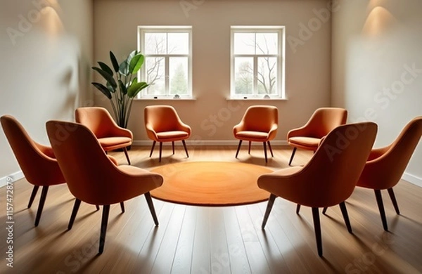 Fototapeta Empty therapy room features orange armchairs arranged in circle on round orange carpet. Natural light streams through windows. Plant sits in center of room. Suitable for group therapy sessions,
