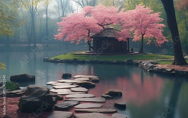 Fototapeta Serene spring scene Pink cherry blossoms frame a tranquil gazebo on a misty lake island, accessed by stepping stones.