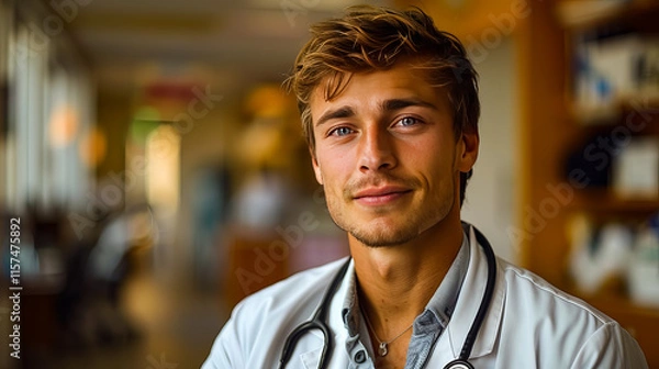 Fototapeta A portrait of a handsome young doctor, representing confidence, professionalism, and a modern approach to healthcare.