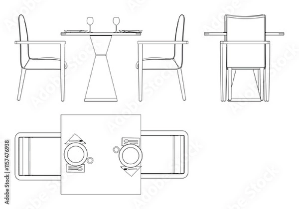 Fototapeta Illustrated Outline of Dining Chairs and Table Set in a Restaurant with white background. Vector Illustration with Front, Side, and Top Views