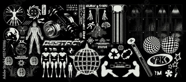 Fototapeta Brutalism graphic elements. Retro-futuristic 3D grunge shapes for design, geometric universal shape for merch, silhouette of people with distortion. Vector set