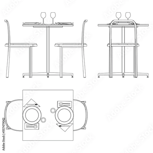 Fototapeta Illustrated Outline of Dining Chairs and Table Set in a Restaurant with white background. Vector Illustration with Front, Side, and Top Views