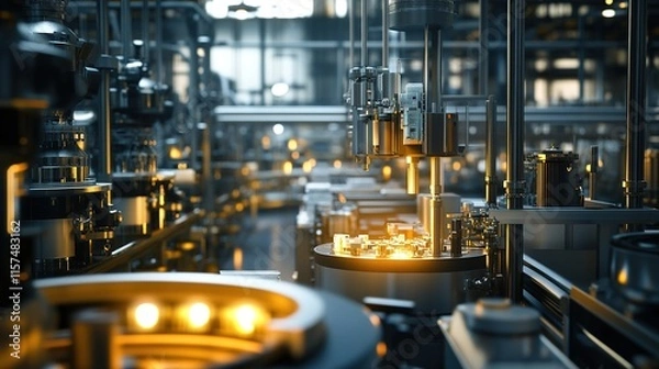 Obraz Complex production machines processing raw materials into finished products.