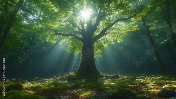 Fototapeta Sunbeams illuminate a majestic tree in a mystical forest.