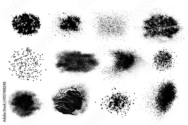 Obraz Set of granular grainy black spots of various shapes and densities. Texture brushes in form of spray, granules, grains of sand with soft uneven edge. Vector isolated illustration.