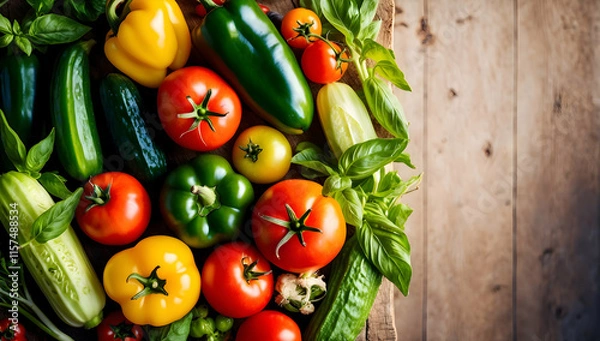 Fototapeta A vibrant display of fresh vegetables arranged with natural light on a rustic wooden surface.
