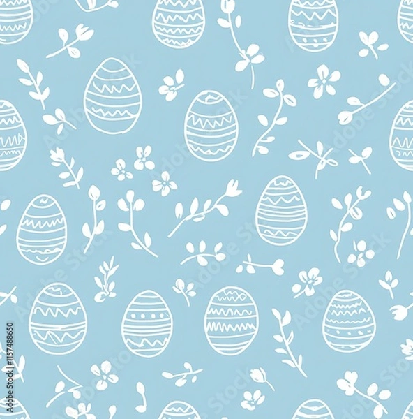 Fototapeta A seamless pattern of white line-drawn Easter eggs on a light blue background, easter seamless pattern