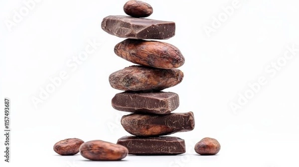 Fototapeta Stacked Dark Chocolate and Cocoa Beans on a White Background Representing the Art of Chocolate Making and Gourmet Delights