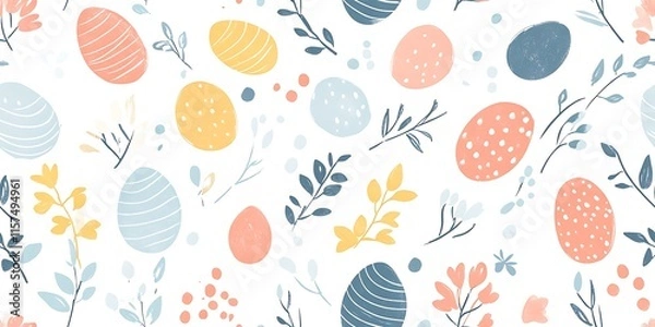 Fototapeta Easter seamless pattern with pastel eggs and spring flowers