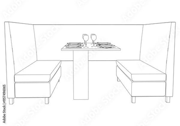 Fototapeta Restaurant furniture, Trendy dinner table and chairs set hand drawn outline doodle icon. Flat design. Vector sketch illustration for print, mobile graphic and infographics isolated on white background