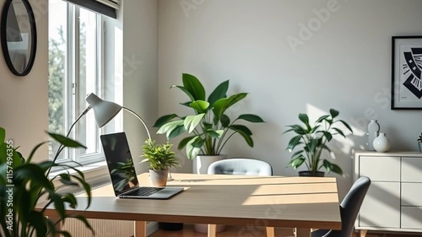 Obraz Minimalist Home Office, Green Plants, Bright, Sharp, Photorealistic