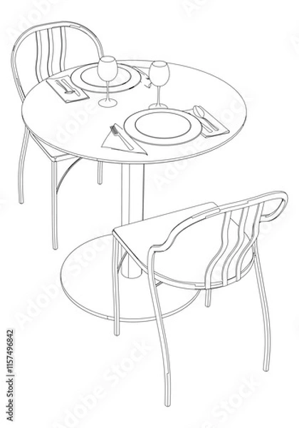 Fototapeta Round table and chair vector set. Restaurant chair and table. Outline illustration for coloring book, interior projects, designers.