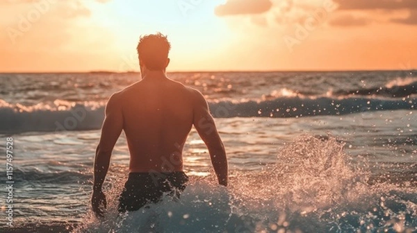 Obraz Sunset Serenity: Man Bathing in Ocean Waves