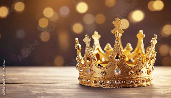 Fototapeta Golden Crown on wooden table with glowing bokeh lights blur background. Generative AI	